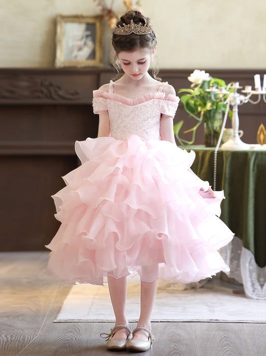 Sparkling Ball Gown Sweetheart Off Shoulder Bow Back Midi Pageant Dress