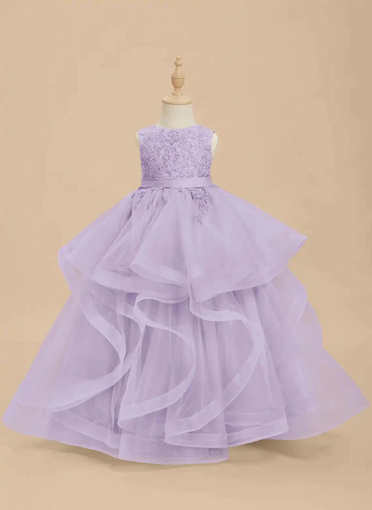 Elegant Ballgown Round Neck Sleeveless V Back Floor Length Flower Girl Dress