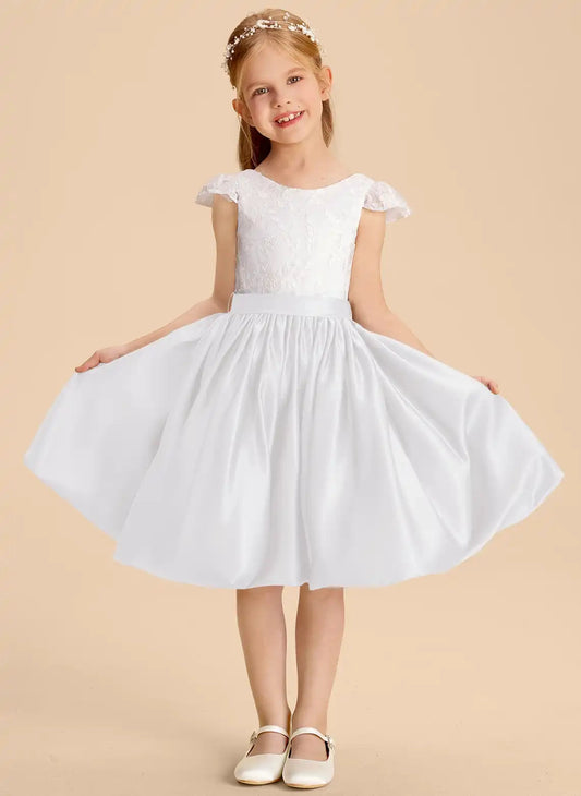 Elegant A?Line Round Neck Cap Sleeve Zipper Back Knee?Length Flower Girl Dress