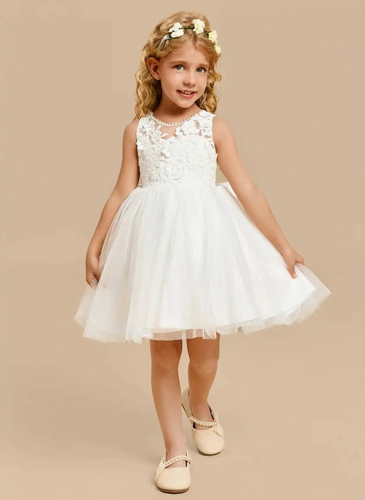 Elegant A-line Round Neck Sleeveless V Back Knee Length Flower Girl Dress