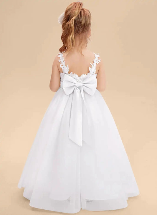 White A-Line V Neck Spaghetti Straps Lace Back Bow Floor Length First Communion Dress