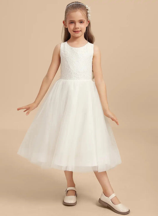 Elegant A Line Round Neck Sleeveless Criss Cross Back Midi Flower Girl Dress