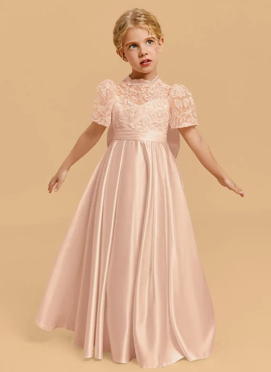 Elegant A Line High Neck Puff Sleeve Cutout Back Floor Length First Communion Dress