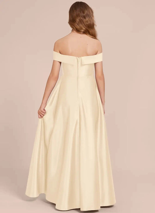 Elegant A-Line Off The Shoulder Short Sleeve Zipper Back Floor Length Junior Bridesmaid Dress