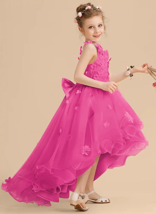 Elegant A-line V Neck Sling Open Back High Low Flower Girl Dress