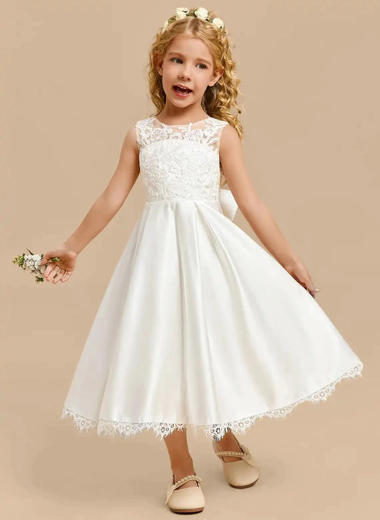 Elegant A-line Round Neck Sleeveless V-Back Tea-Length Flower Girl Dress