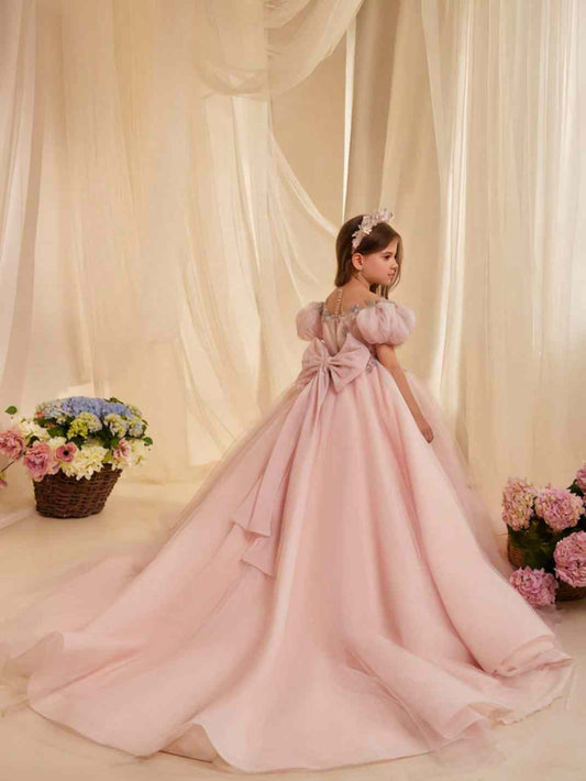 Blush Pink Princess Ballgown Off Shoulder Puff Sleeve Lace Up Back Train Flower Girl Dress