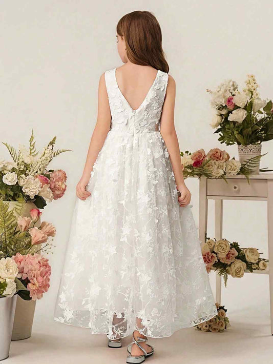 Elegant A-Line Round Neck Sleeveless Deep V Back Maxi Flower Girl Dress