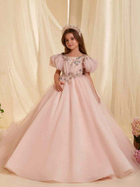 Blush Pink Princess Ballgown Off Shoulder Puff Sleeve Lace Up Back Train Flower Girl Dress