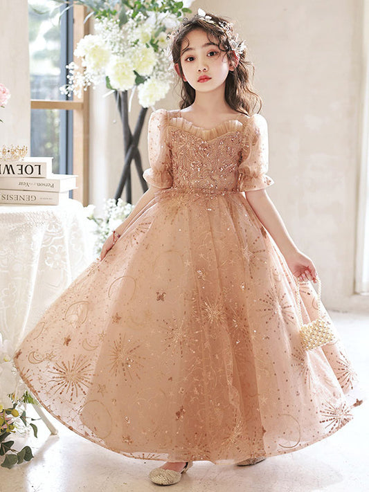 Sparkling A Line Square Neck Puff Sleeve Backless Long Pageant Dress