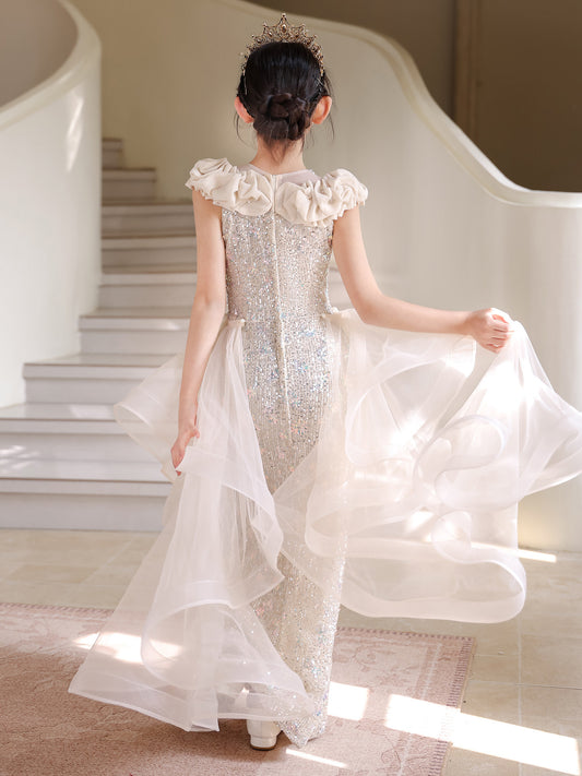 Glamorous Column V Neck Ruffle Sleeveless Zipper Back Floor Length Pageant Dress