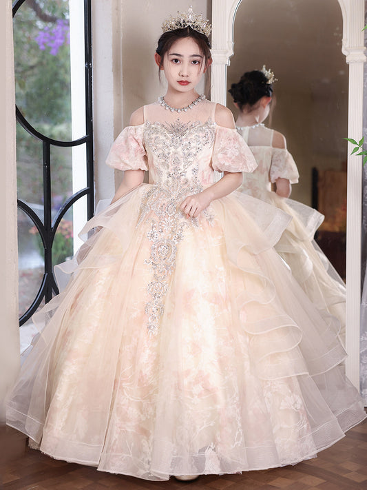 Regal Ball Gown Illusion Neck Puff Sleeve Zip Back Floor Length Pageant Dress