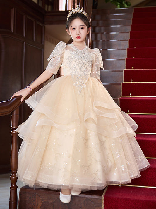 Luxurious Ball Gown V Neck Short Sleeve Sheer Back Floor Length Pageant Dress