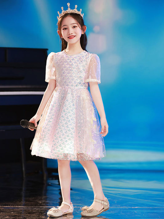 Sparkling A Line Round Neck Puff Sleeve Classic Back Knee Length Recital Dress