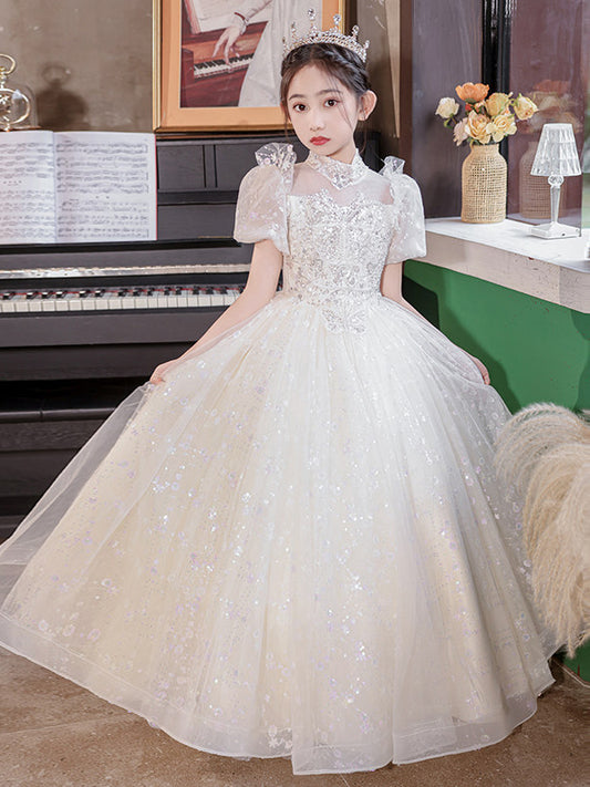 Sparkling Ball Gown High Neck Puff Sleeve Floor Length Flower Girl Dress