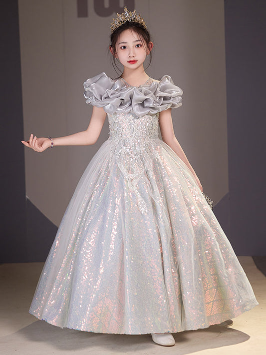 Sparkling Ball Gown Ruffle Neck Puff Sleeve Lace Up Floor Length Pageant Dress
