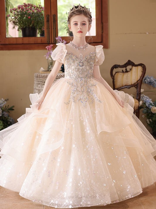 Sparkling Ball Gown Round Neck Puff Sleeve Zipper Back Floor Length Pageant Dress