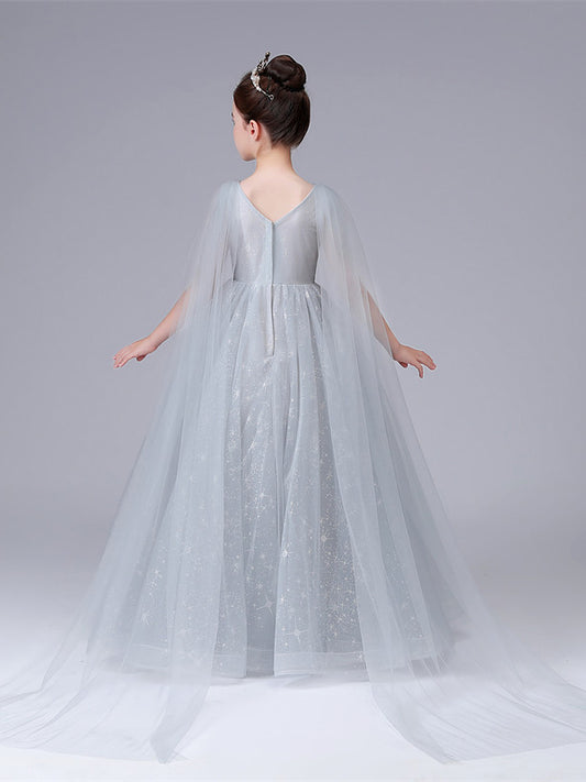 Enchanting Princess V Neck Cape Sleeve V Back Floor Length Pageant Dress