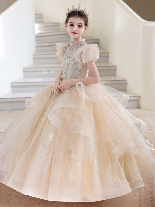 Elegant Ball Gown High Neck Puff Sleeve Back Floor Length Flower Girl Dress