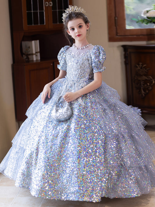 Sparkling Ball Gown Round Neck Puff Sleeve Zip Back Floor Length Pageant Dress