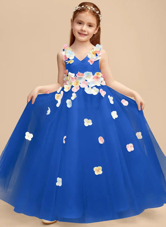 Colorful Appliqued A?Line V?Neck Sleeveless Open?Back Floor?Length Flower Girl Dress
