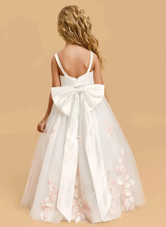Elegant A Line Square Neck Sleeveless Bow Back Floor Length Flower Girl Dress