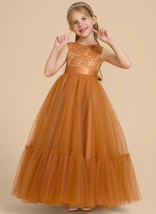Elegant A Line Round Neck Sleeveless Open Back Maxi Flower Girl Dress
