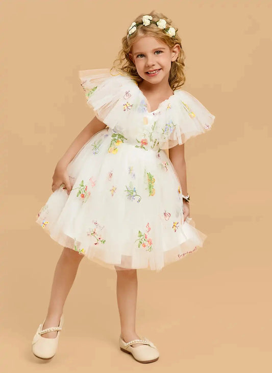 Whimsical A Line V Neck Flutter Sleeve V Back Knee Length Flower Girl Dress