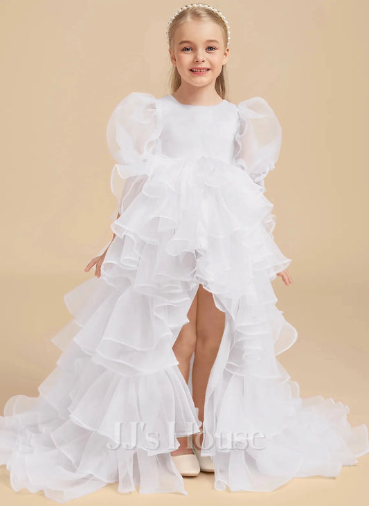 Luxury A?Line Round Neck Puff Sleeve V?Back High?Low Train Flower Girl Dress