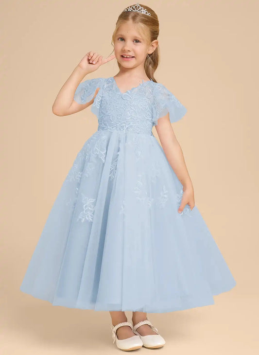 Elegant A?Line V?Neck Flutter Sleeve V?Back Ankle Length Flower Girl Dress