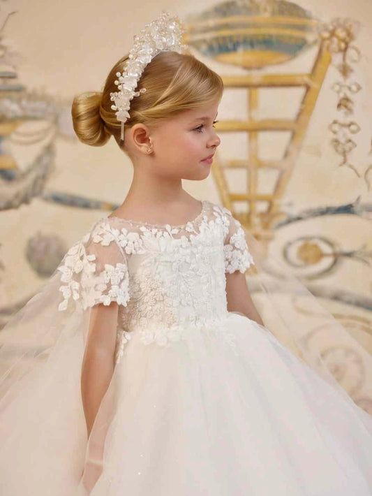 Luxury Ball Gown Round Neck Short Sleeve V Back Train Flower Girl Dress