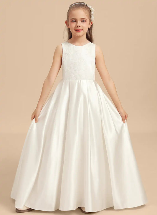 Elegant A-line Round Neck Sleeveless Open Back Train Flower Girl Dress