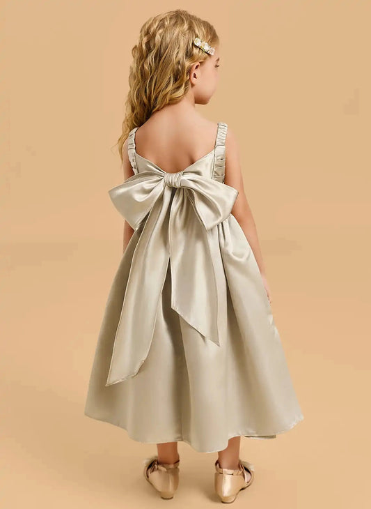 Elegant A Line Square Neck Sleeveless Bow Back Tea Length Flower Girl Dress