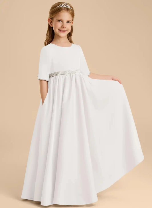 Elegant A?Line Round Neck Elbow?Sleeve Zipper Back Floor?Length Junior Bridesmaid Dress