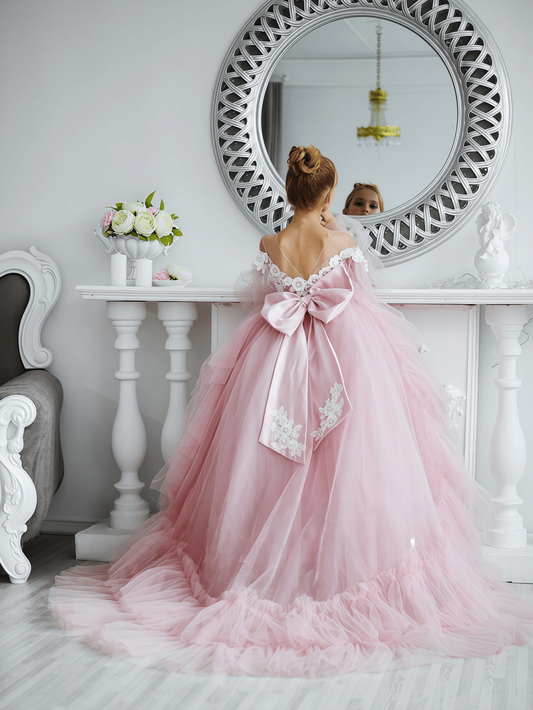 Blush Pink Off Shoulder Flower Girl Dress, Tulle Puffy Ball Gown With Big Bow, Kids Princess Pageant Dress With Train