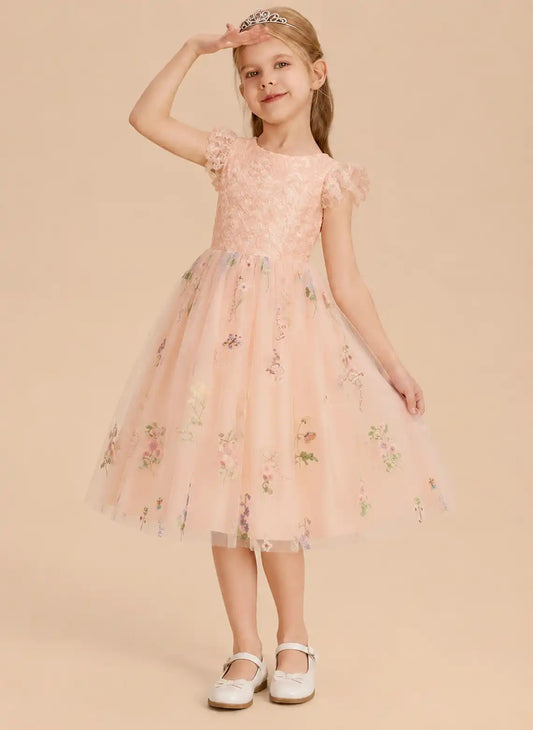 Pastel A-line Round Neck Sleeveless V Lace Back Midi Flower Girl Dress