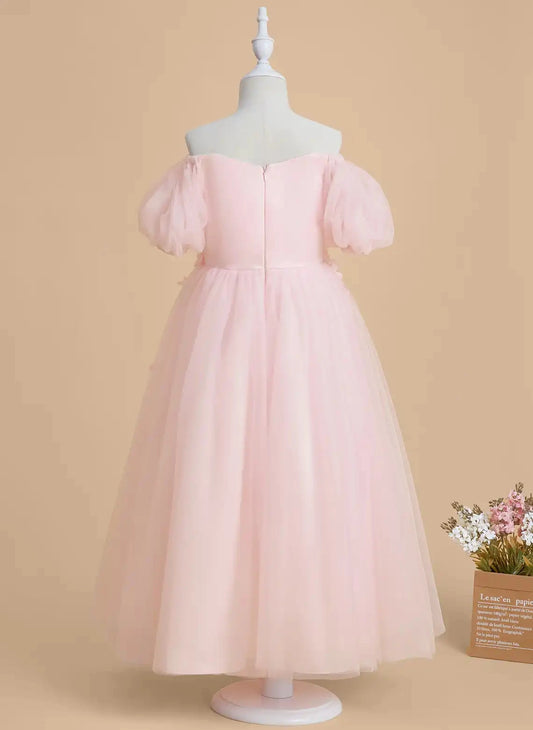 Dreamy A Line Off Shoulder Puff Sleeve Zip Back Flower Girl Dress
