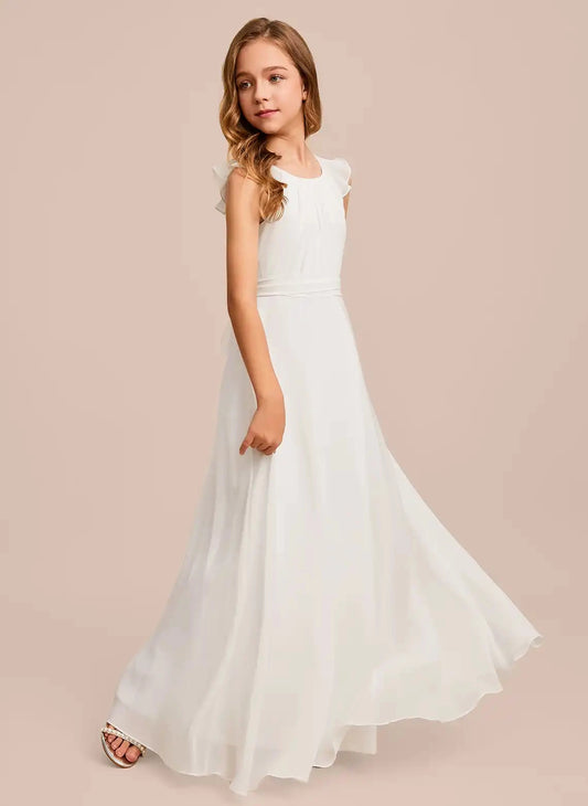 Elegant A?Line Round Neck Ruffle Sleeveless V?Back Floor?Length Junior Bridesmaid Dress