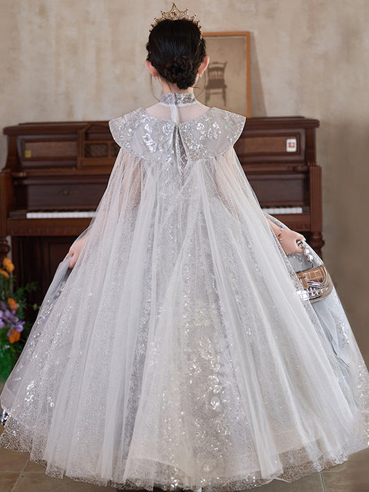Regal Ball Gown High Neck Sleeveless Cape Back Floor Length Pageant Dress