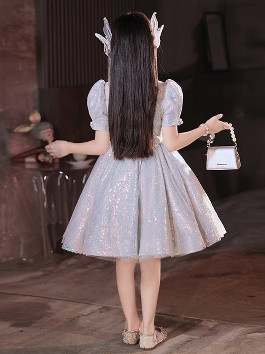 Sparkling Ball Gown Round Neck Puff Sleeve Closed Back Knee Length Birthday Dress