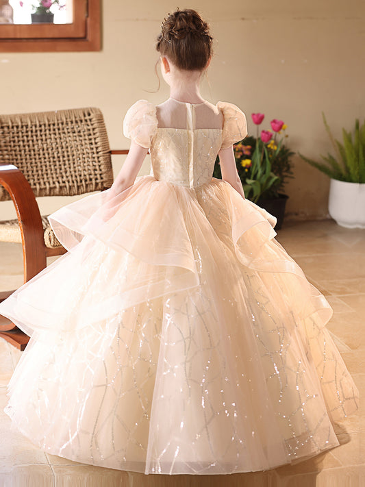 Sparkling Ball Gown Illusion Neck Puff Sleeve Zip Back Floor Length Pageant Dress