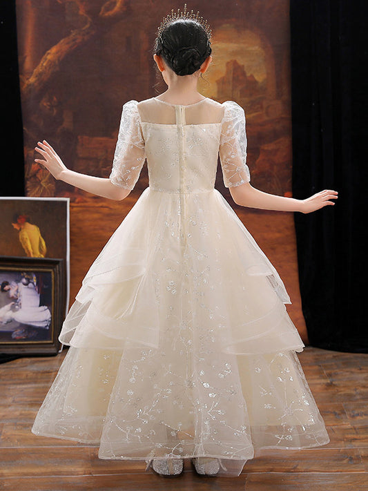 Elegant A Line Round Neck Puff Sleeve Zip Back Ankle Length Flower Girl Dress