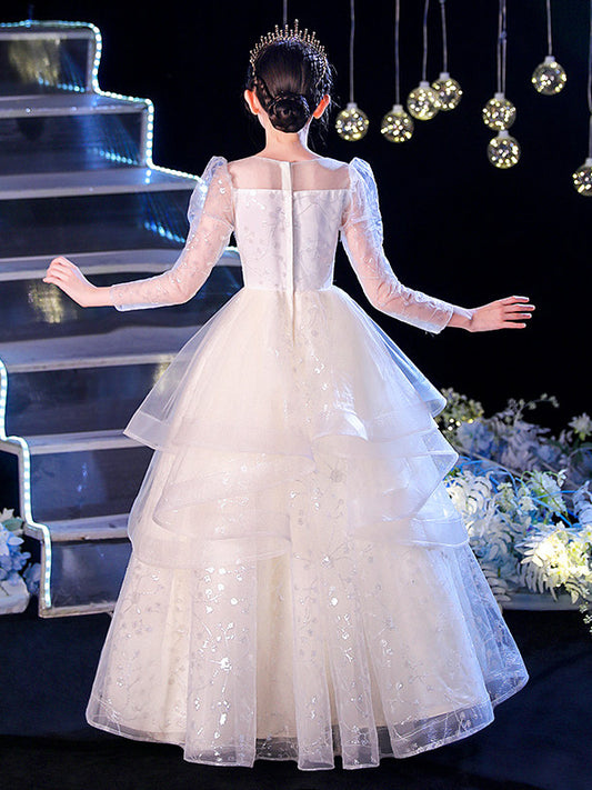 Sparkling Ball Gown Illusion Neck Long Sleeve Closed Back Floor Length Pageant Dress