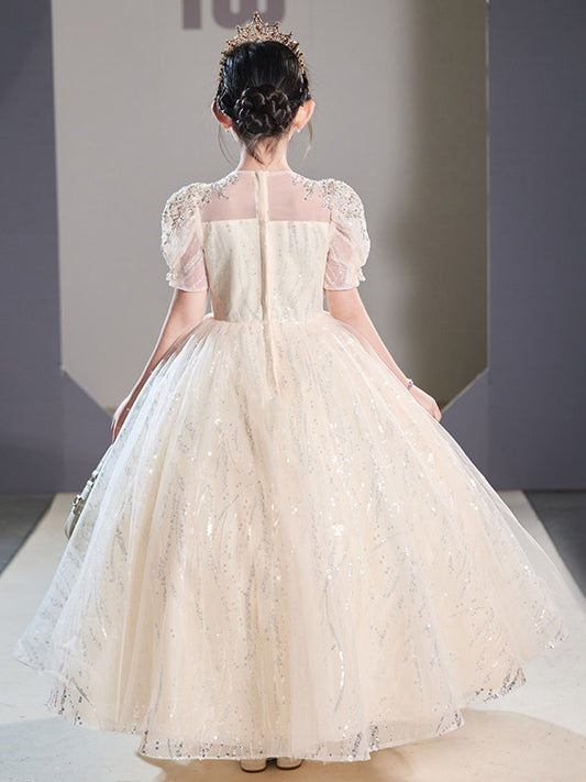 Luxurious Ball Gown V Neck Puff Sleeve Zip Back Floor Length Pageant Dress