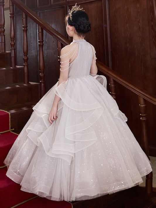 Luxury Ball Gown Round Neck Sleeveless Closed Back Floor Length Pageant Dress