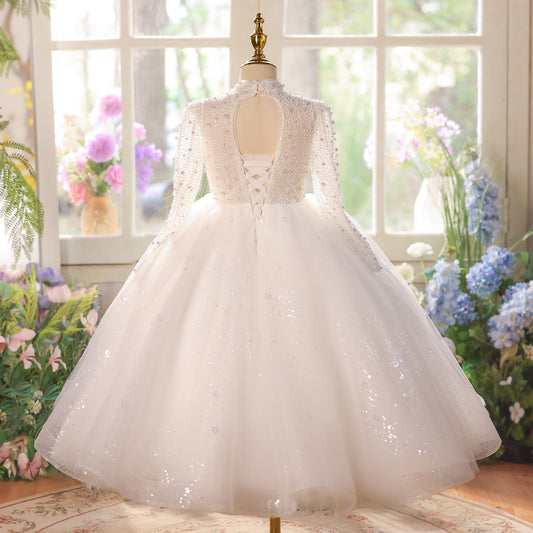 Luxurious Ball Gown High Neck Long Sleeve Keyhole Back Dress Wedding