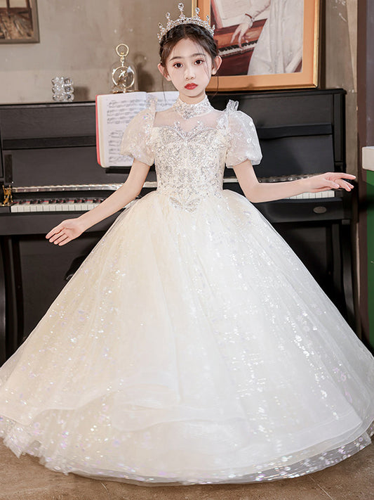 Sparkling Ball Gown High Neck Puff Sleeve Floor Length Flower Girl Dress