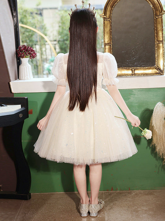 Sparkling A Line High Neck Puff Sleeve Closed Back Knee Length Pageant Dress