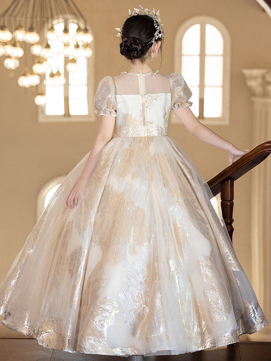 Elegant Ball Gown Square Neck Puff Sleeve Back Zip Floor Length Flower Girl Dress