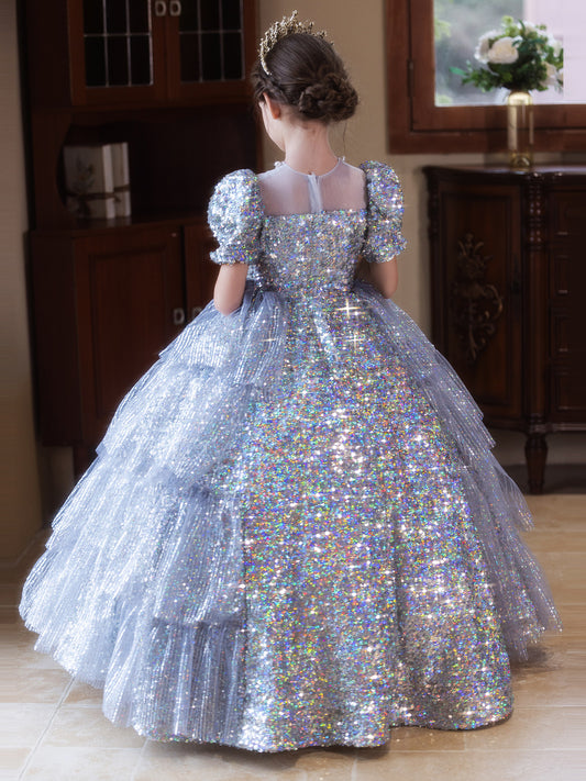 Sparkling Ball Gown Round Neck Puff Sleeve Zip Back Floor Length Pageant Dress